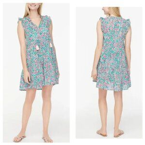 J Crew Dress Tassel Ruffle Sleeve Tiered Preppy Beach Floral Print Blue Pink XXL